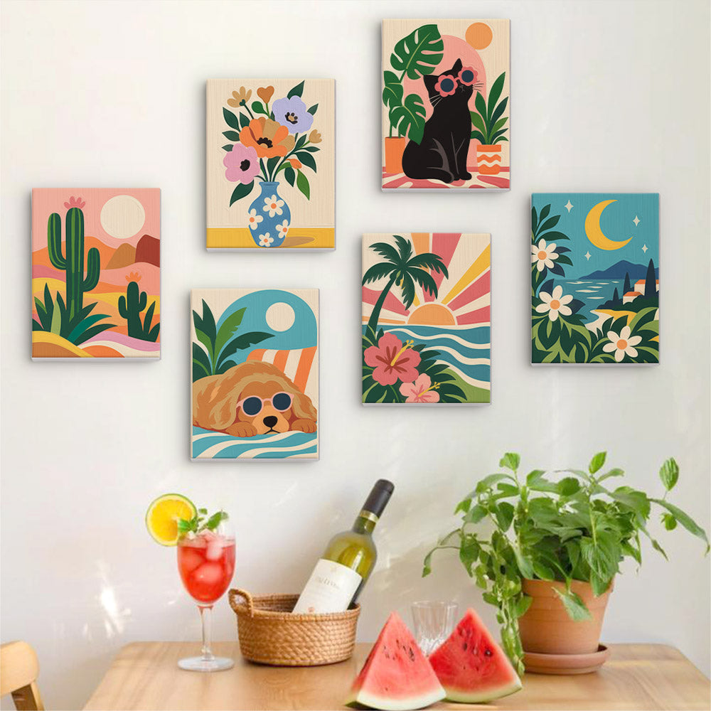 Six finished Cool Summer Vibes mini paintings hung on a wall above a table
