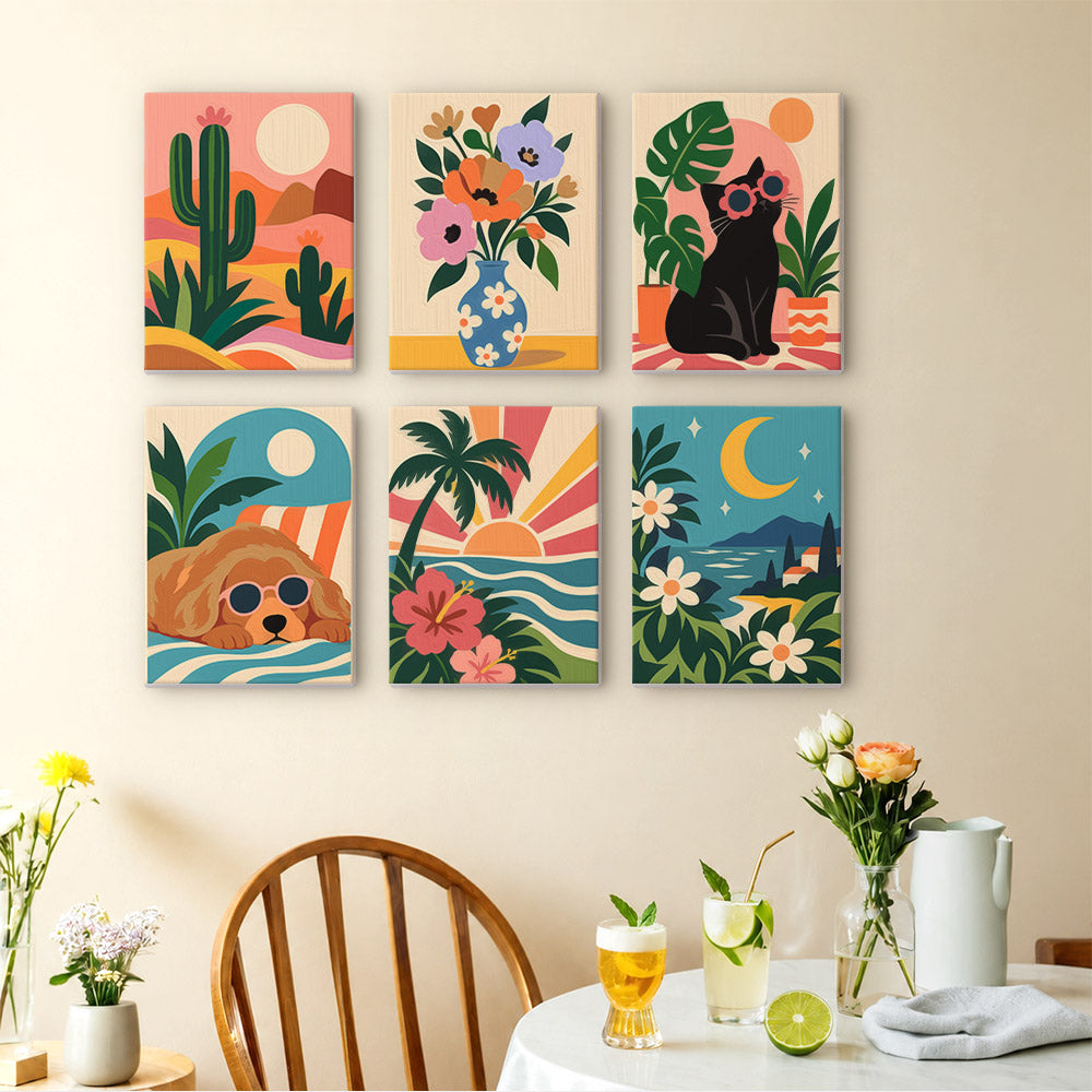 Cool Summer Vibes mini paintings displayed as a gallery wall in a sunny kitchen