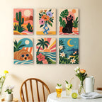 Cool Summer Vibes mini paintings displayed as a gallery wall in a sunny kitchen