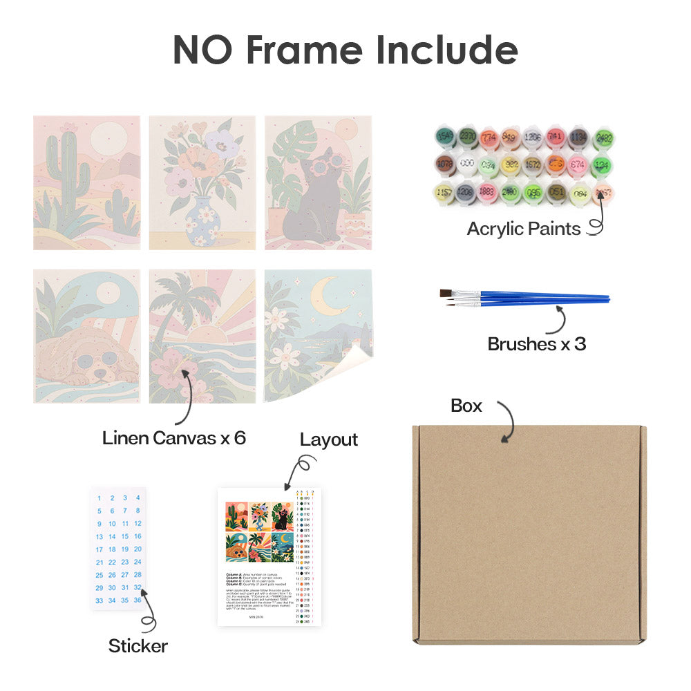 What's included without a frame: six rolled Cool Summer Vibes mini canvases, acrylic paints, three brushes and layout