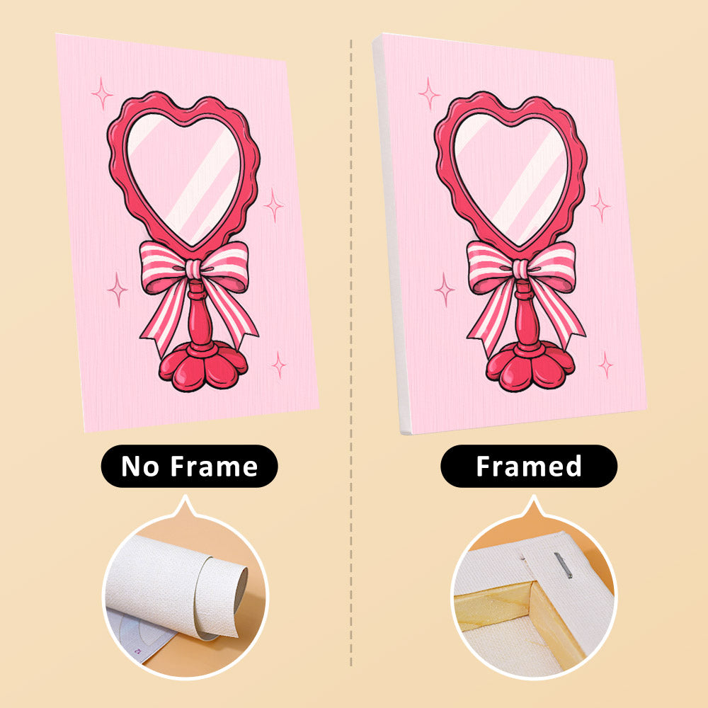 Heart mirror mini canvas shown rolled without a frame and pre-stretched on a frame