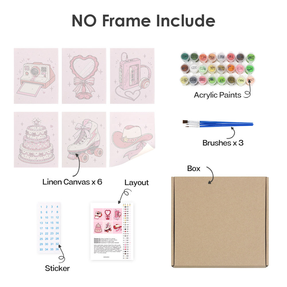 What's included without a frame: six rolled mini canvases, acrylic paints, three brushes and reference layout