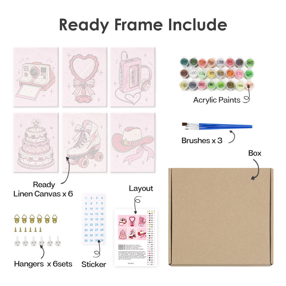 What's included pre-stretched on frame: six framed mini canvases, acrylic paints, three brushes, hangers and layout