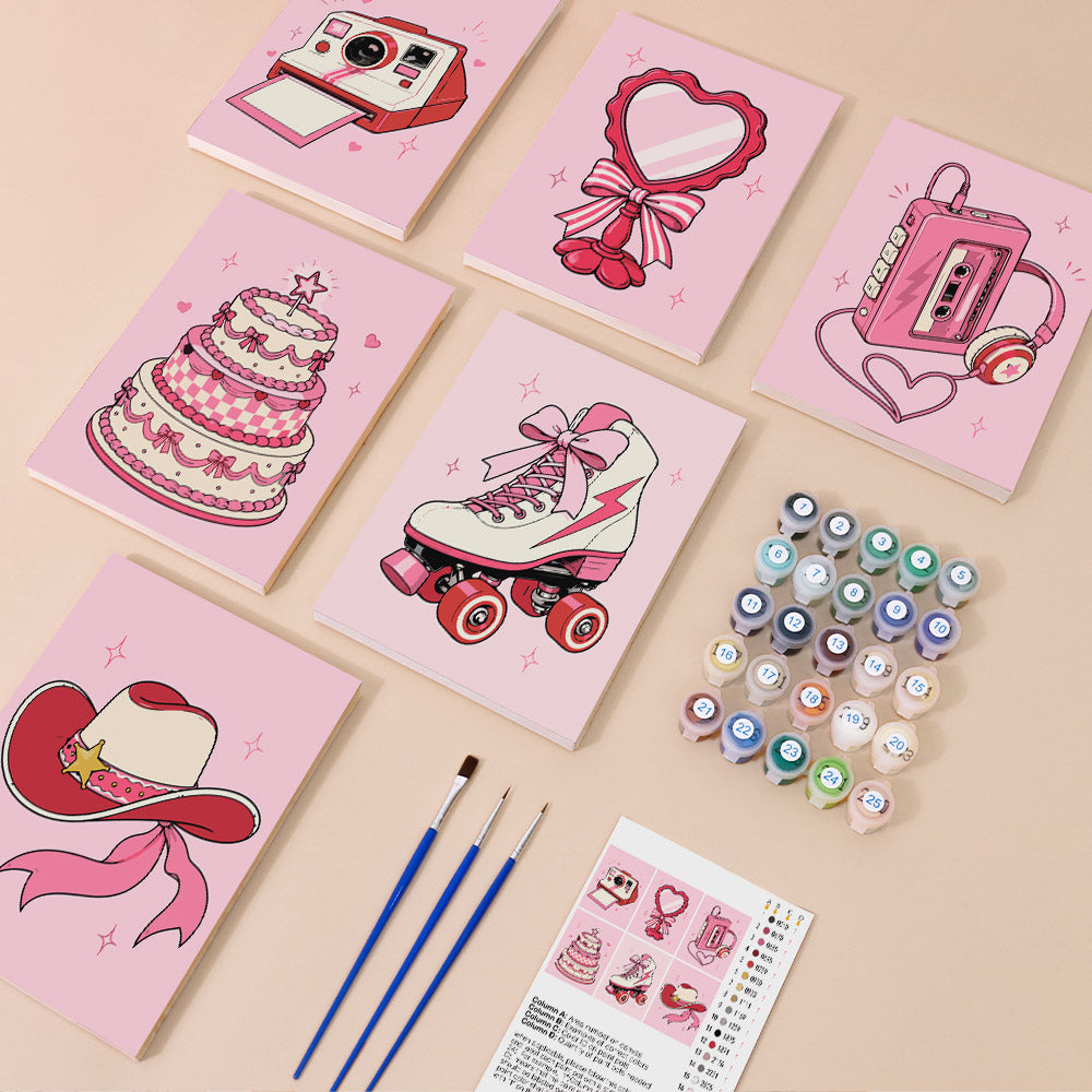 Coquette Keepsakes mini paint by numbers set with six pink canvases, acrylic paints, brushes and reference layout