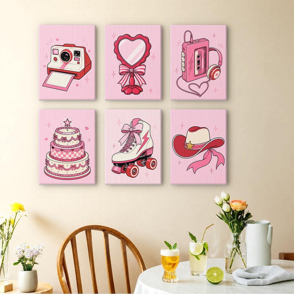 Six finished Coquette Keepsakes mini paintings hung in a grid on a kitchen wall