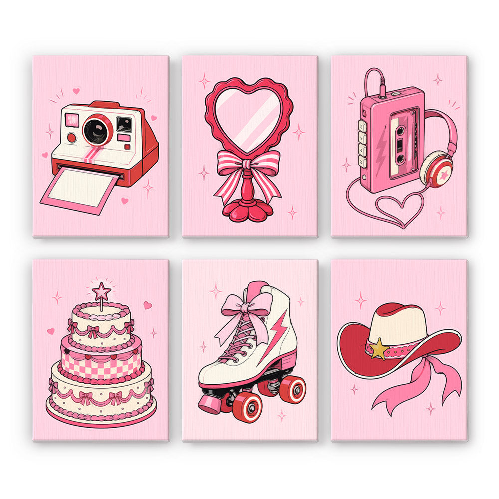 The six Coquette Keepsakes designs: instant camera, heart mirror, cassette player, layered cake, roller skate and cowgirl hat