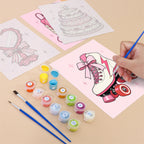Painting the roller skate design on a numbered mini canvas with a fine brush