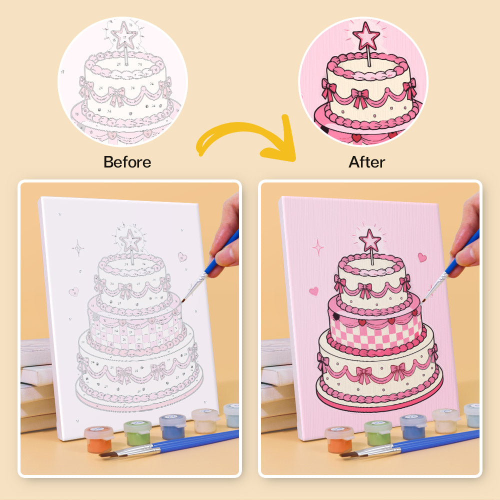 Before and after of the layered cake mini paint by numbers canvas