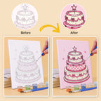 Before and after of the layered cake mini paint by numbers canvas