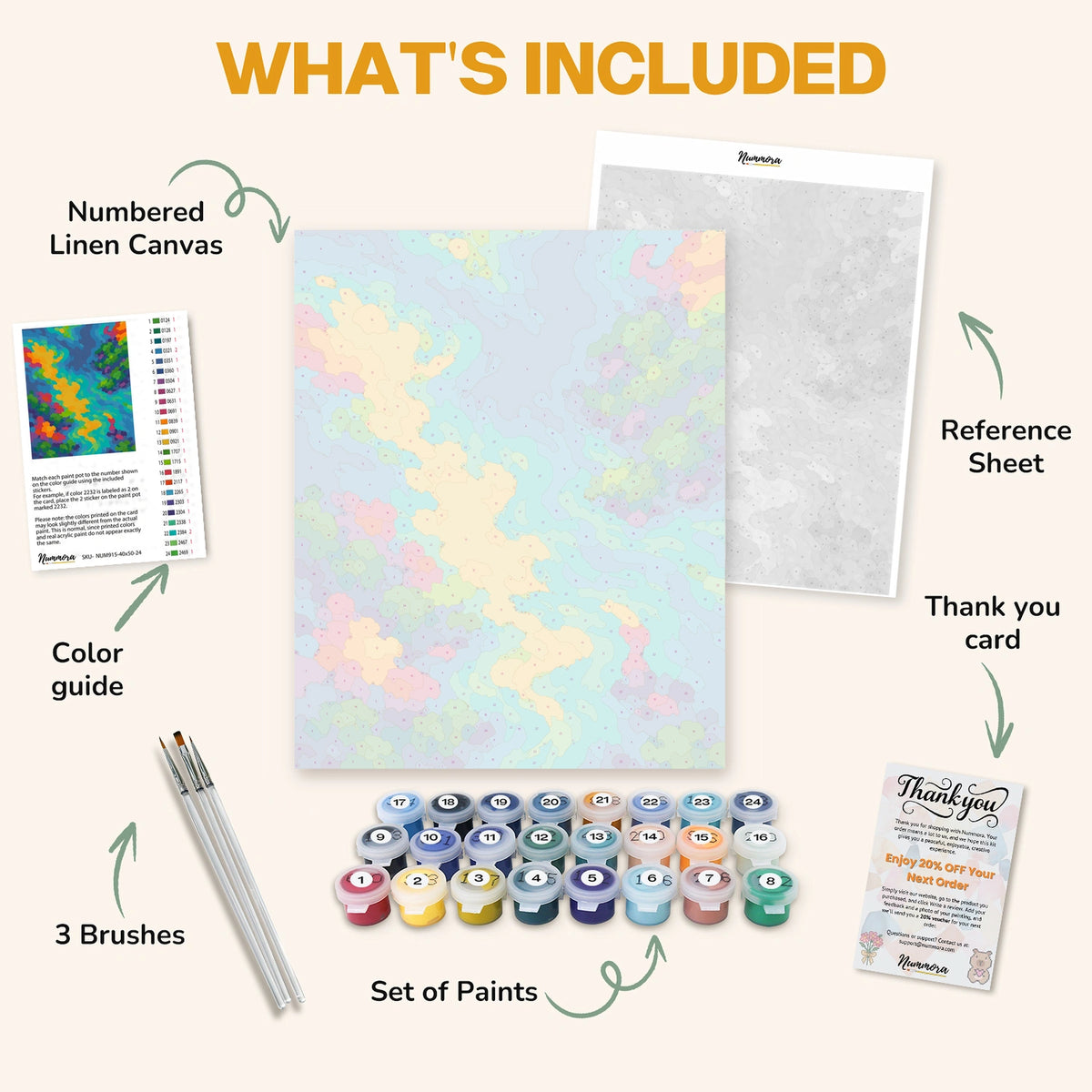 What's included in the Coral Clouds paint by numbers kit: numbered linen canvas, reference sheet, color guide, 24 acrylic paints, 3 brushes and thank you card