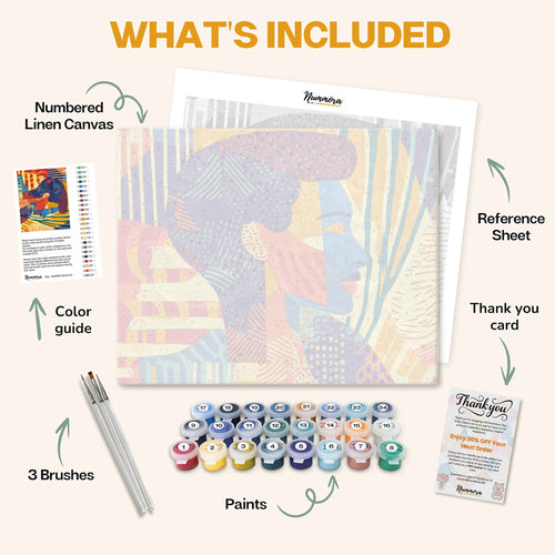 What's included in the Coral portrait paint by numbers kit: numbered linen canvas, reference sheet, color guide, 24 acrylic paints, 3 brushes and thank you card