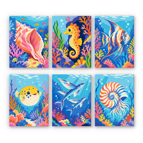 Coral Reef Treasures mini paint by numbers set: six designs of a conch shell, seahorse, angelfish, pufferfish, flying fish and nautilus