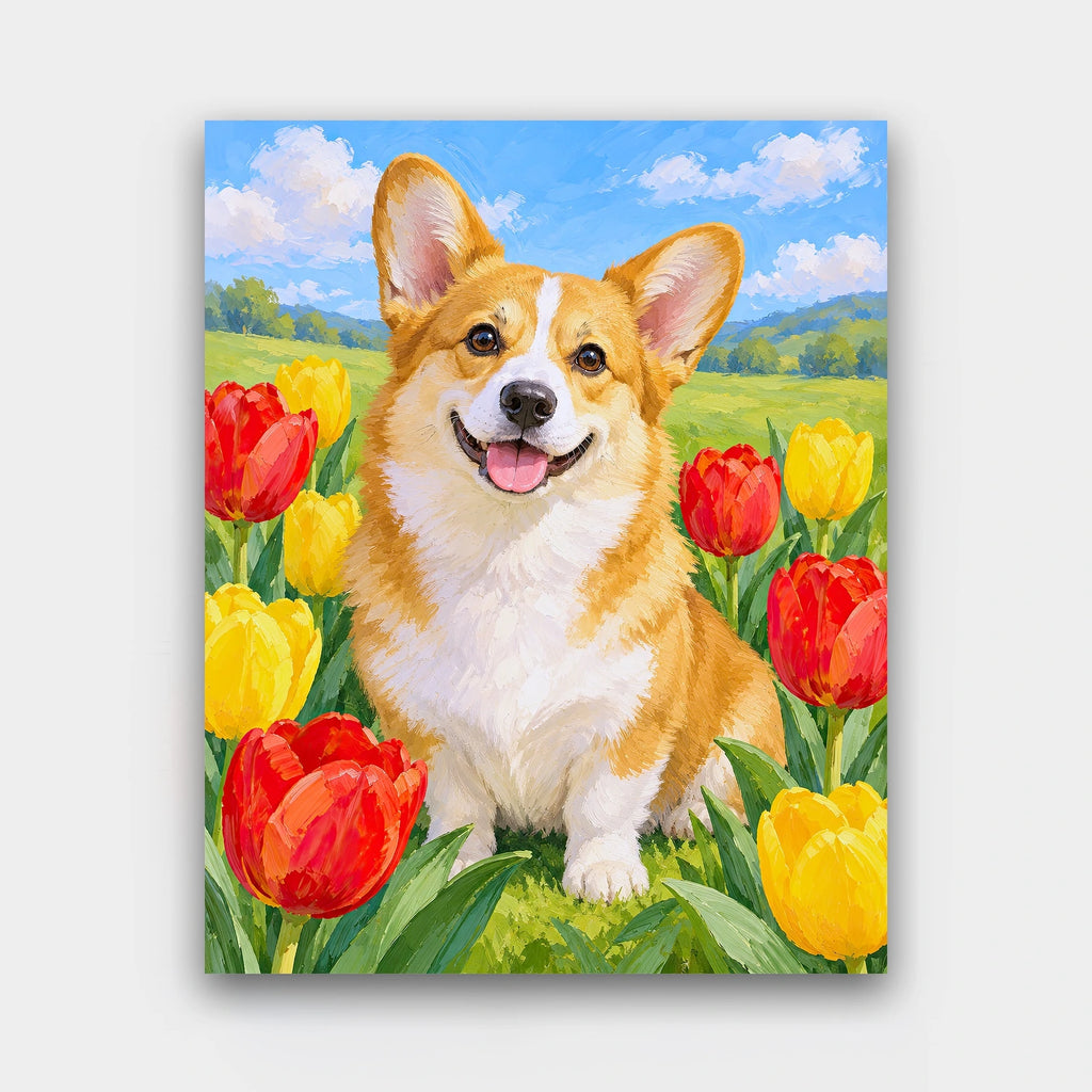 Corgi Among Tulips paint by numbers kit of a smiling corgi sitting among red and yellow tulips