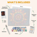 What's included in the Cosmic Bloom paint by numbers kit: numbered linen canvas, reference sheet, color guide, 24 acrylic paints, 3 brushes and thank you card
