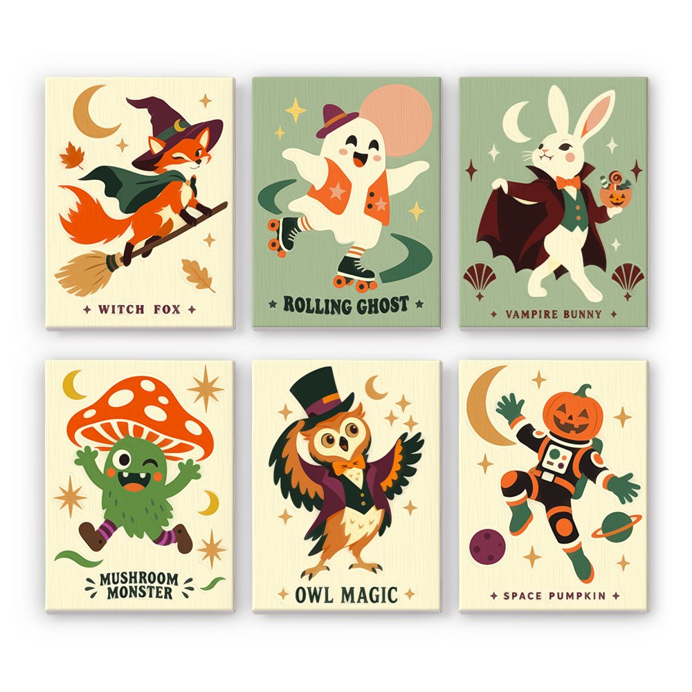 Cosmic Costume Characters mini paint by numbers set: six starry Halloween characters labeled Witch Fox, Rolling Ghost, Vampire Bunny, Mushroom Monster, Owl Magic and Space Pumpkin