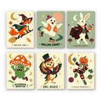Cosmic Costume Characters mini paint by numbers set: six starry Halloween characters labeled Witch Fox, Rolling Ghost, Vampire Bunny, Mushroom Monster, Owl Magic and Space Pumpkin