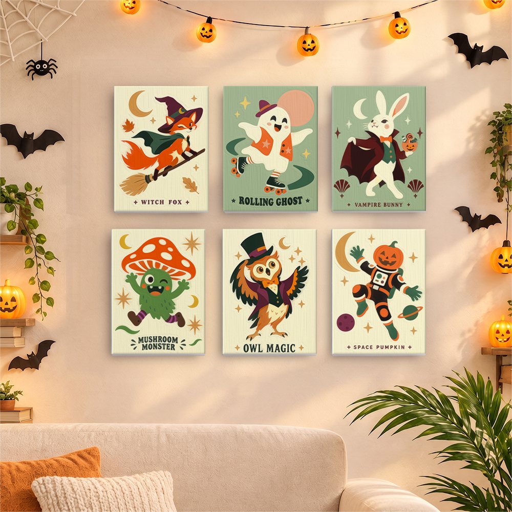 Six finished Cosmic Costume Characters mini paintings hung on a wall above a table