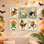 Six finished Cosmic Costume Characters mini paintings hung on a wall above a table