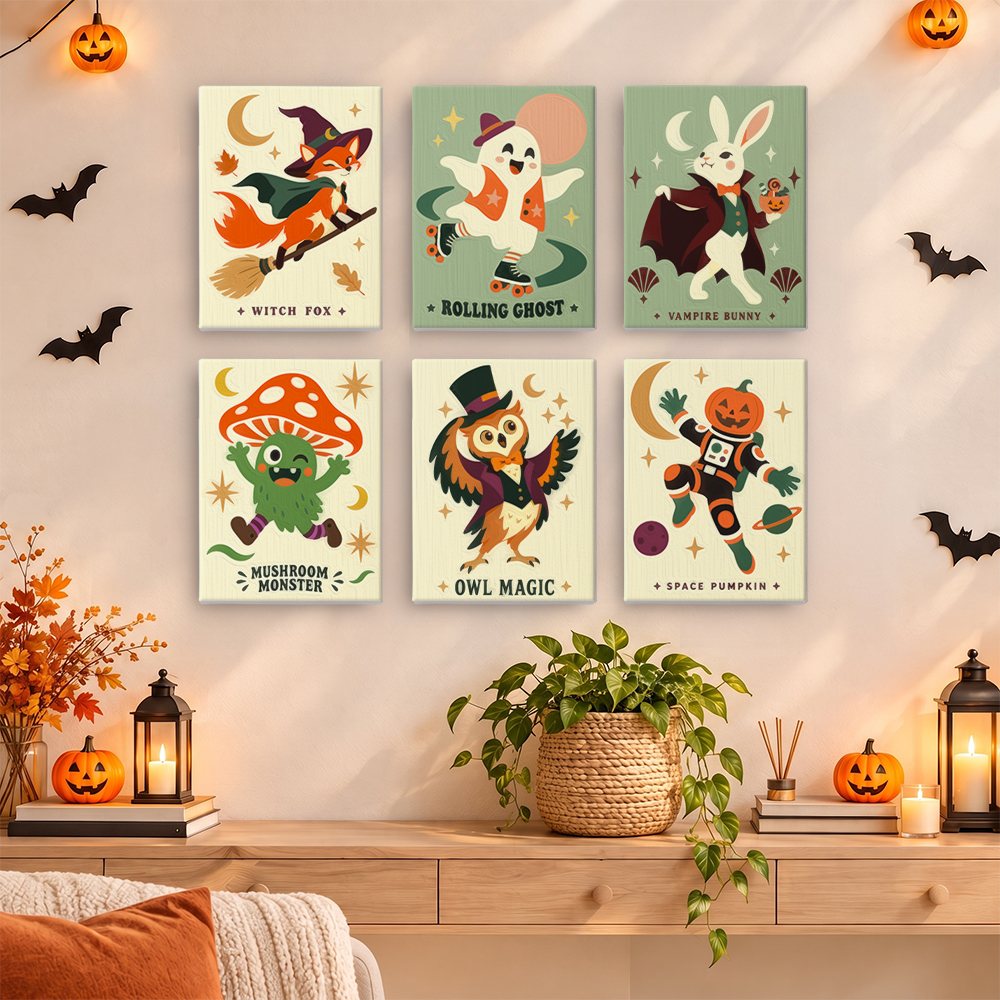 Cosmic Costume Characters mini paintings displayed as a gallery wall in a sunny kitchen