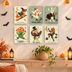Cosmic Costume Characters mini paintings displayed as a gallery wall in a sunny kitchen