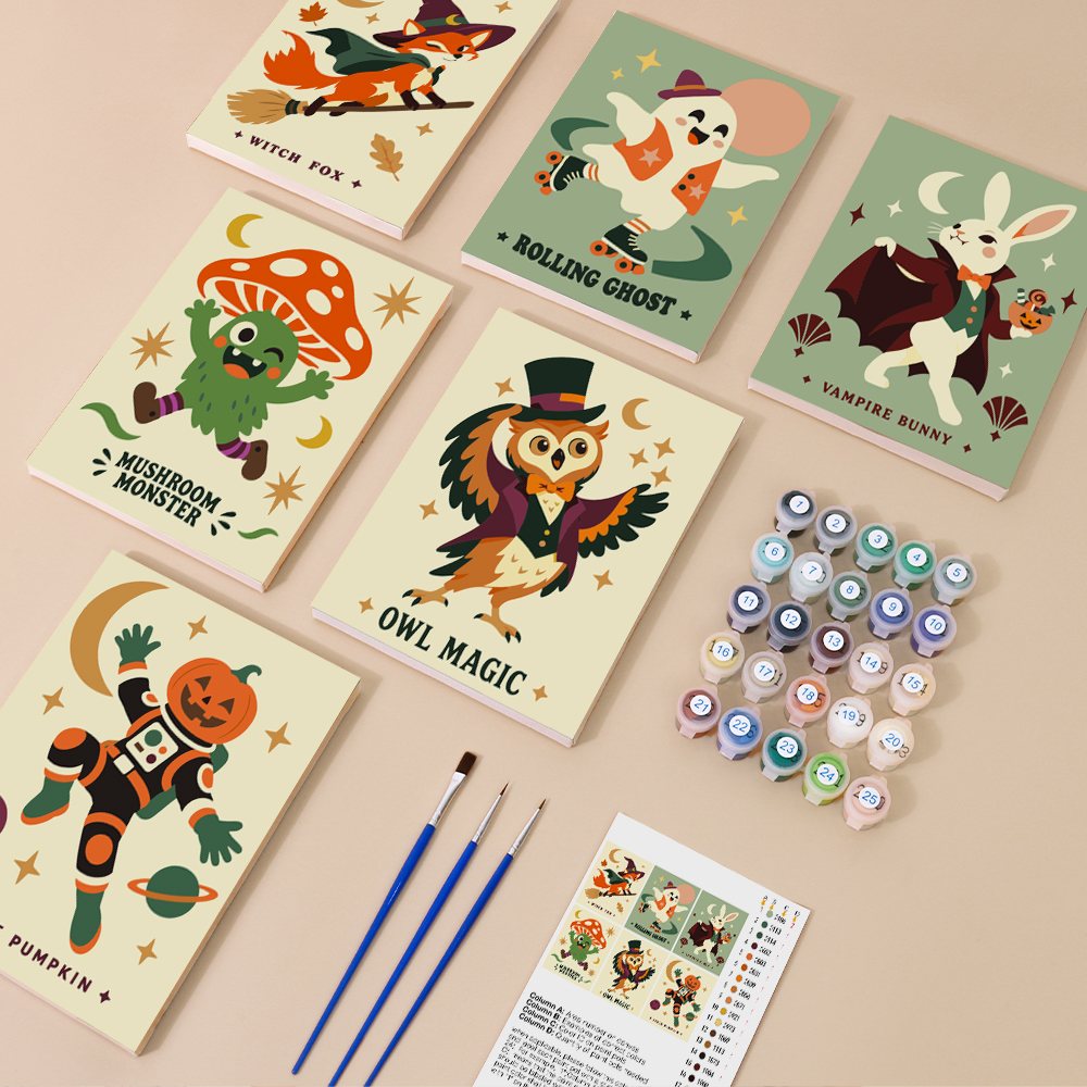 Cosmic Costume Characters mini paint by numbers kit with six numbered canvases, acrylic paints, brushes and layout