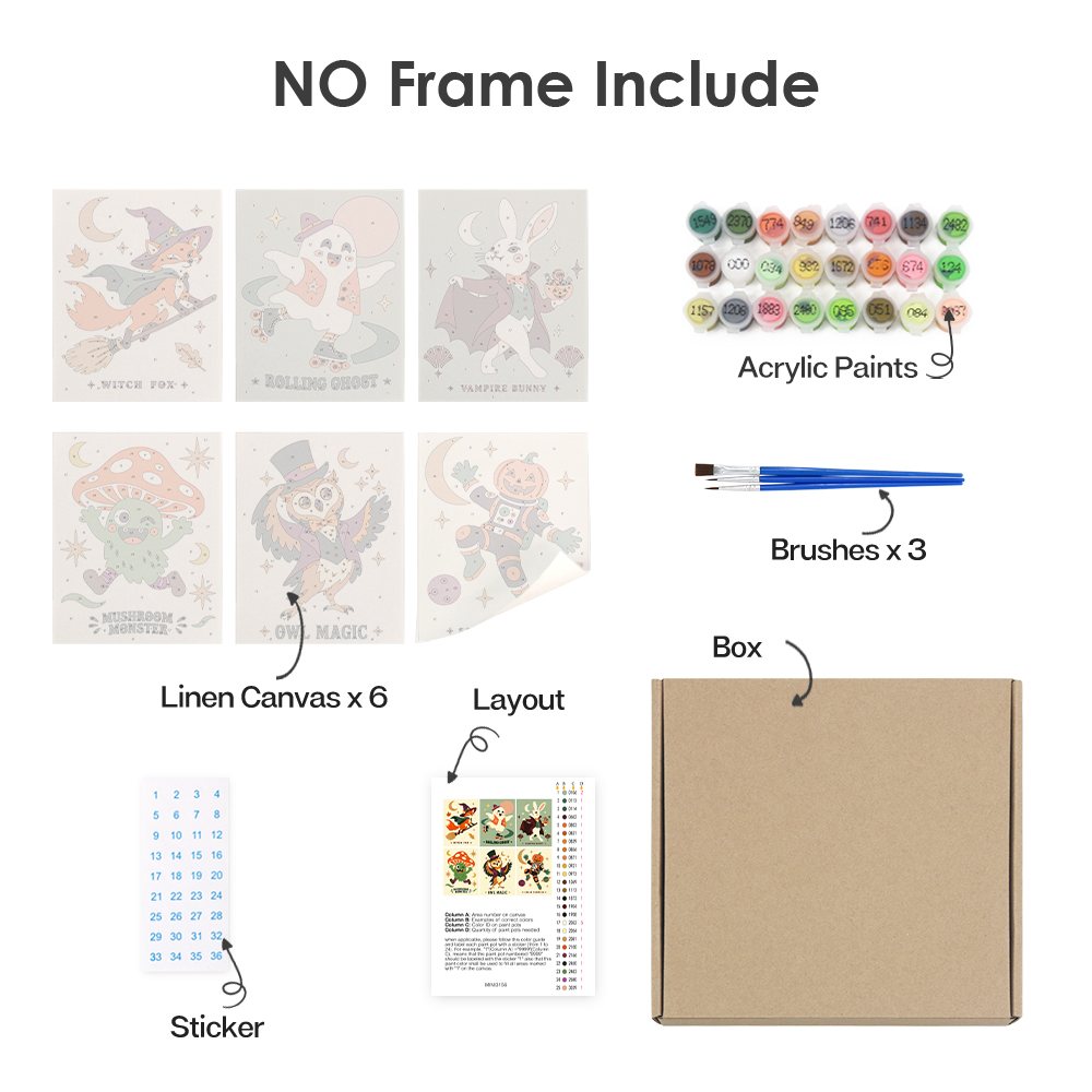 What's included without a frame: six rolled Cosmic Costume Characters mini canvases, acrylic paints, three brushes and layout