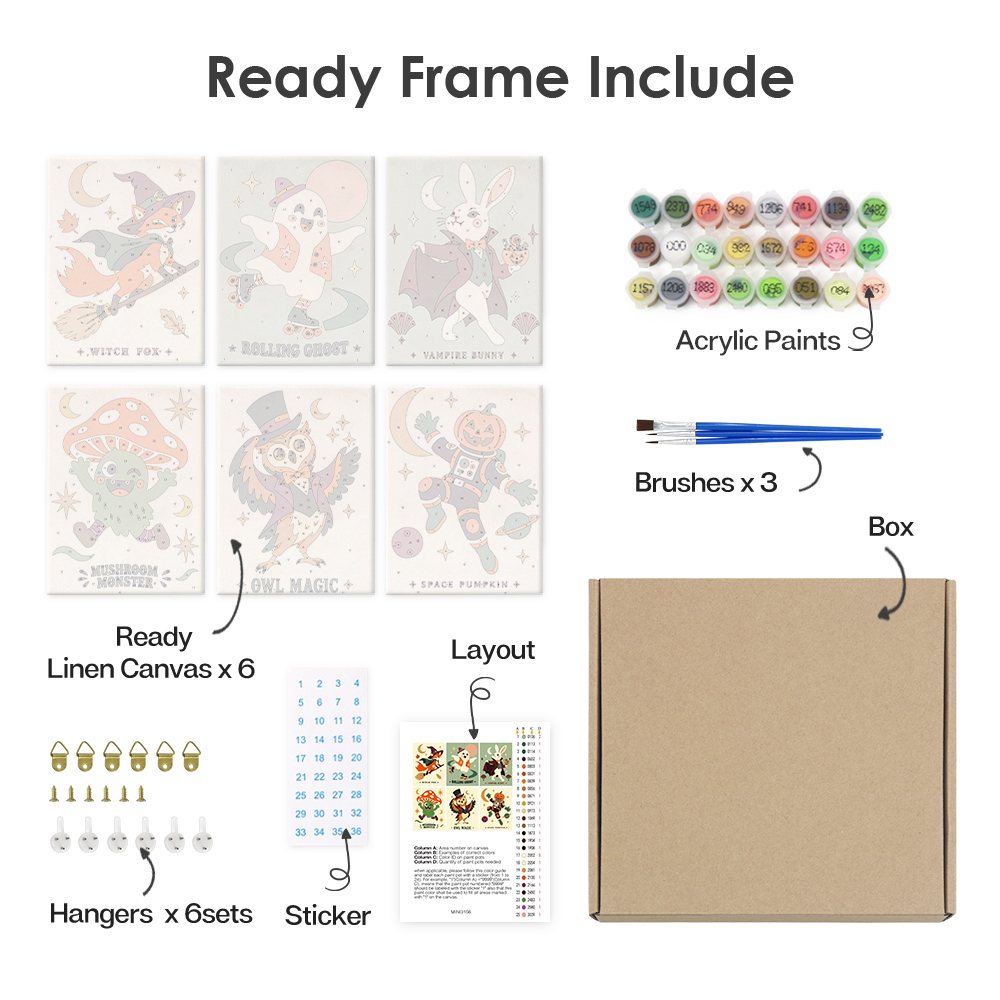 What's included pre-stretched on frame: six framed Cosmic Costume Characters mini canvases, paints, three brushes, hangers and layout