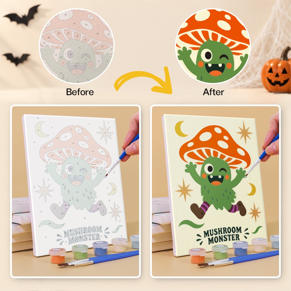 Before and after of a Cosmic Costume Characters mini paint by numbers canvas
