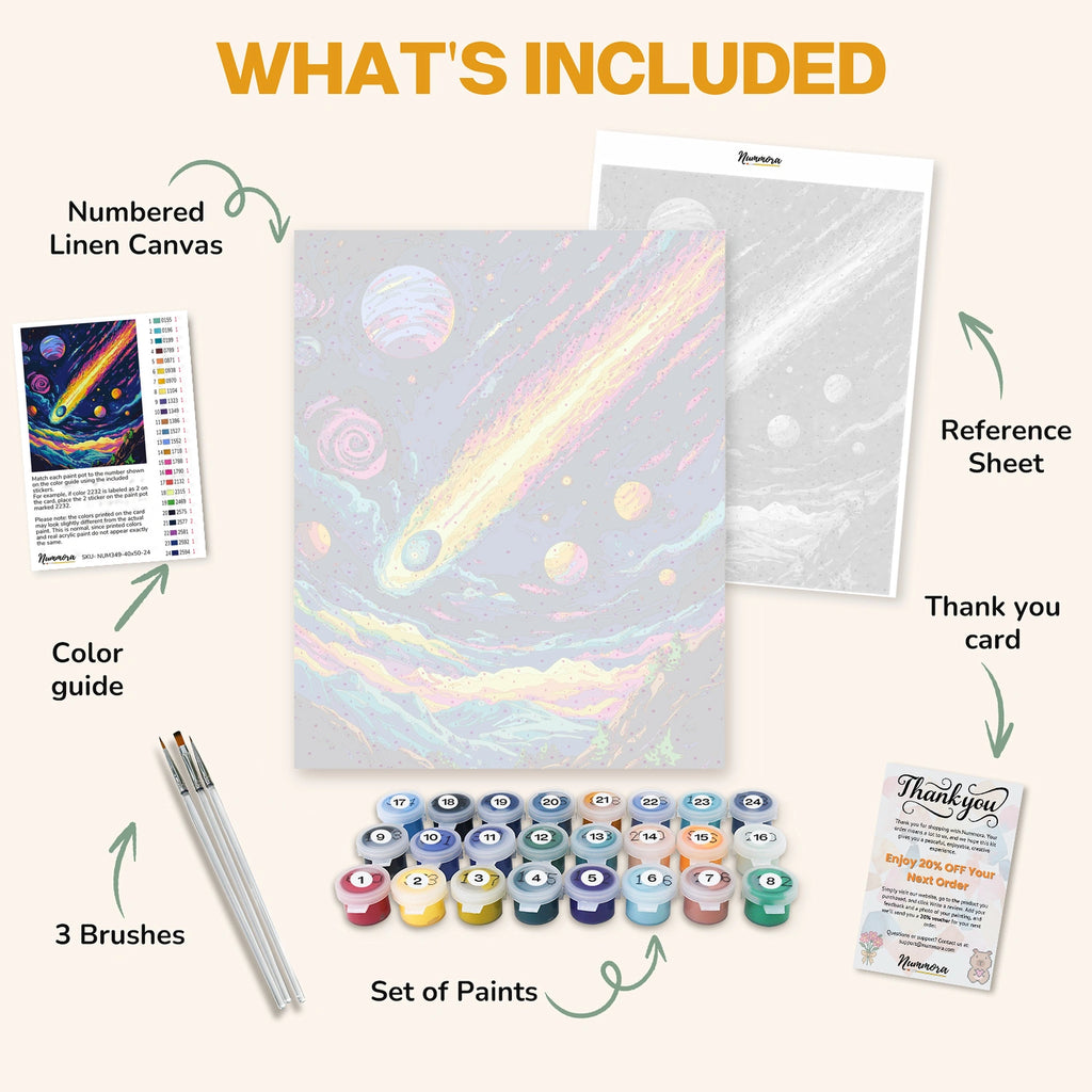 What's included in the Cosmic Firestorm paint by numbers kit: numbered linen canvas, reference sheet, color guide, 24 acrylic paints, 3 brushes and thank you card