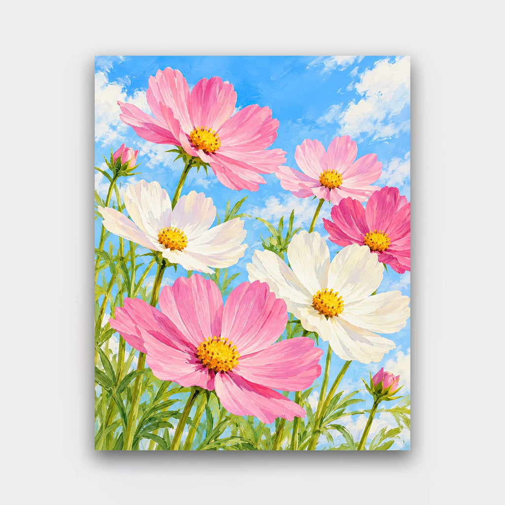 Cosmos in the Sky paint by numbers kit of tall pink and white cosmos flowers against a bright blue sky
