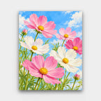 Cosmos in the Sky paint by numbers kit of tall pink and white cosmos flowers against a bright blue sky