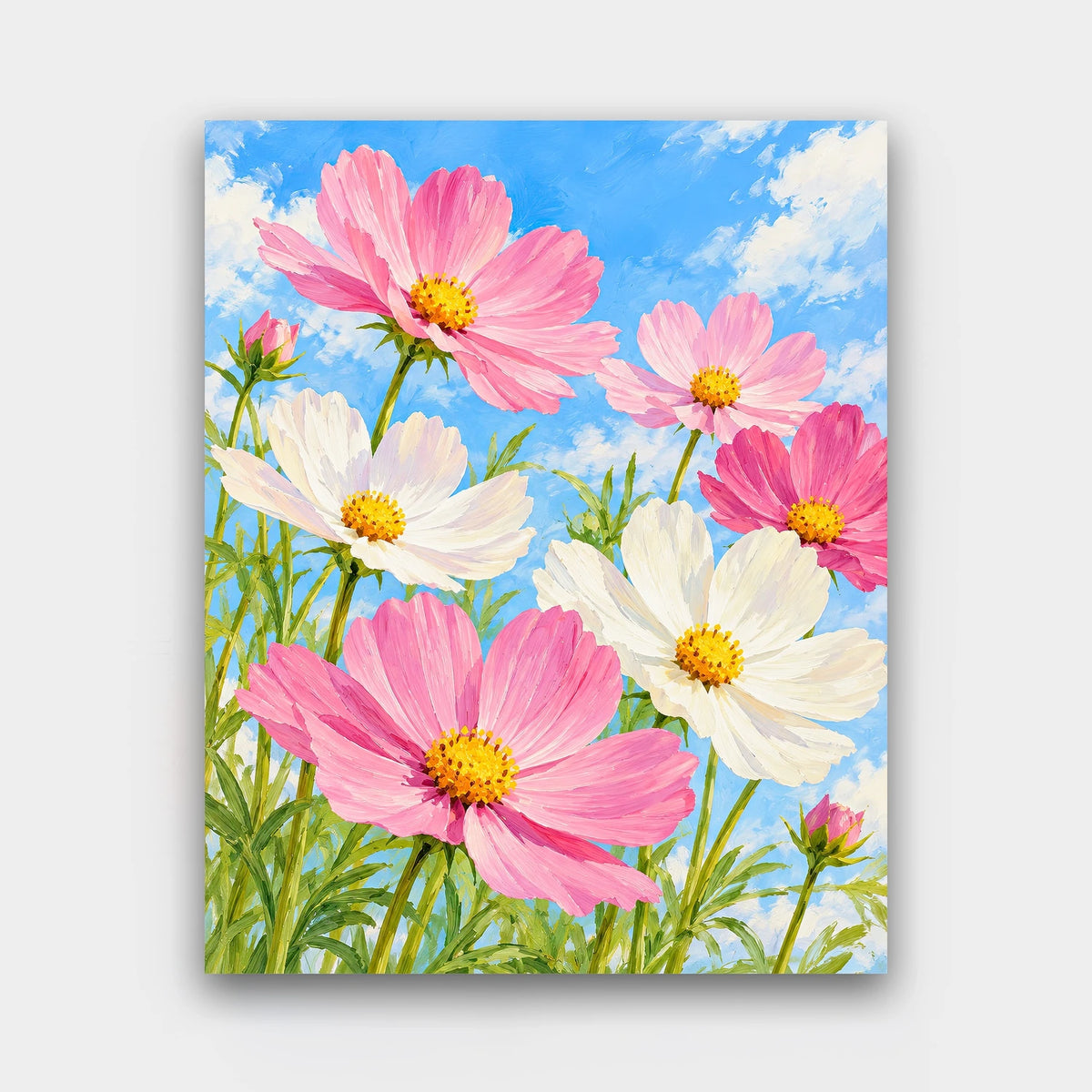 Cosmos in the Sky paint by numbers kit of tall pink and white cosmos flowers against a bright blue sky