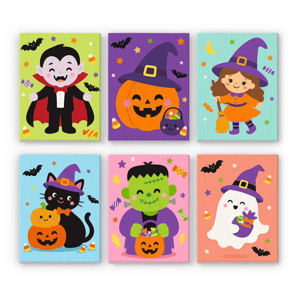 Costume Cuties mini paint by numbers set: six bright costume characters including a vampire, a pumpkin, a witch, a black cat, a monster and a ghost