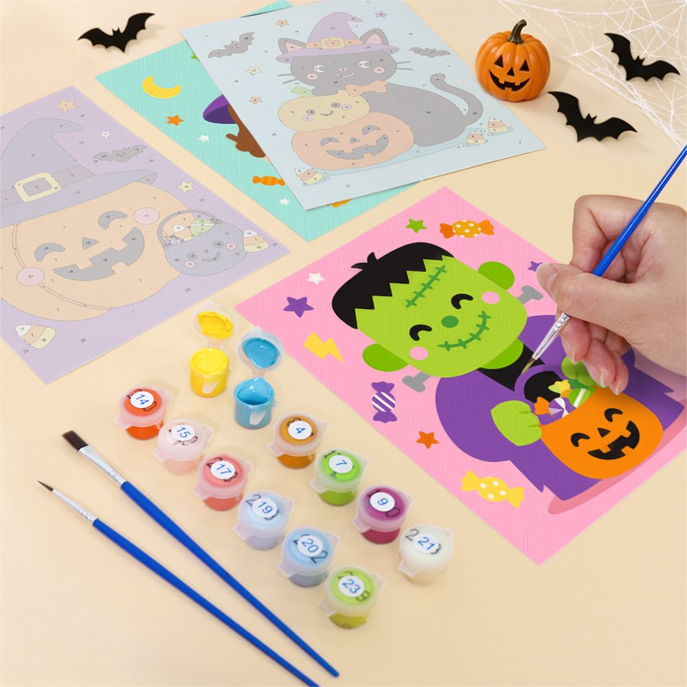 Filling in a Costume Cuties mini canvas with numbered acrylic paints and a fine brush