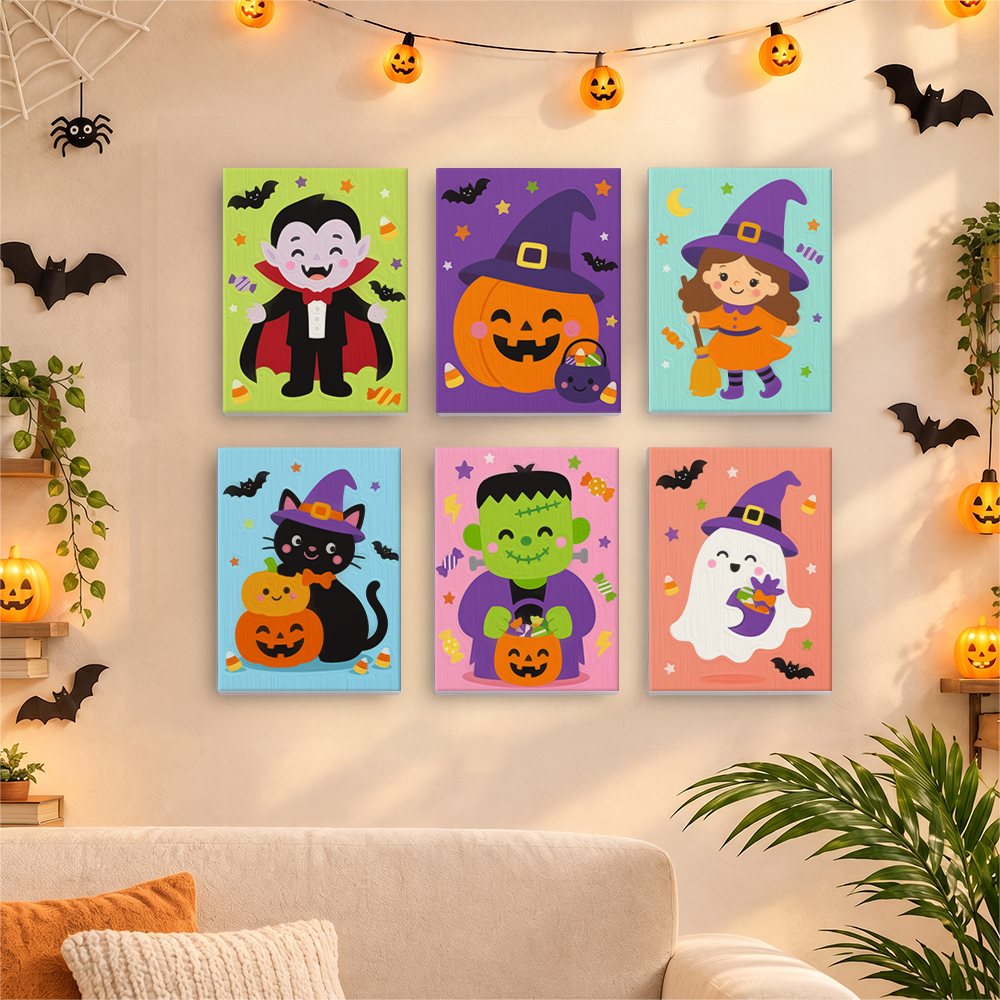 Six finished Costume Cuties mini paintings hung on a wall above a table