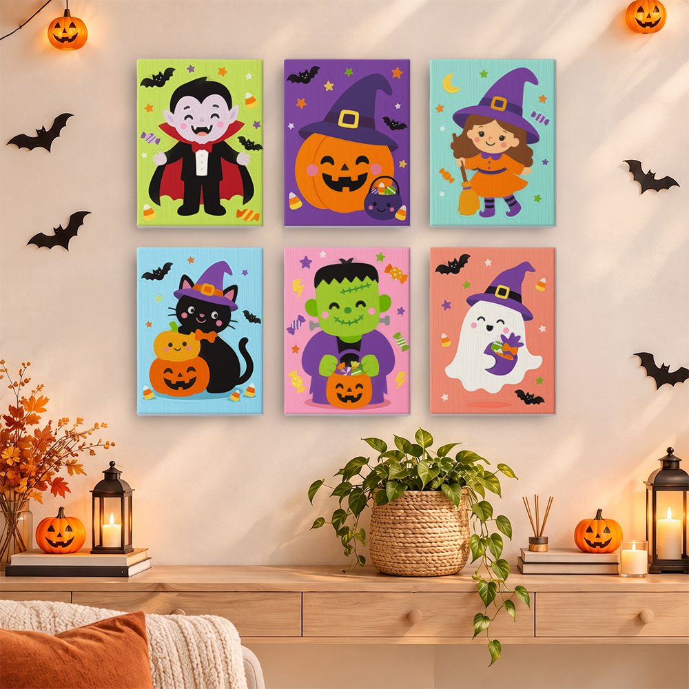 Costume Cuties mini paintings displayed as a gallery wall in a sunny kitchen