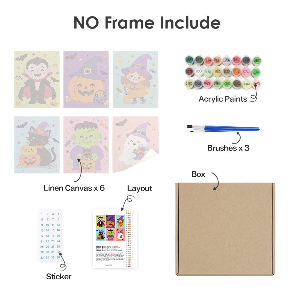 What's included without a frame: six rolled Costume Cuties mini canvases, acrylic paints, three brushes and layout