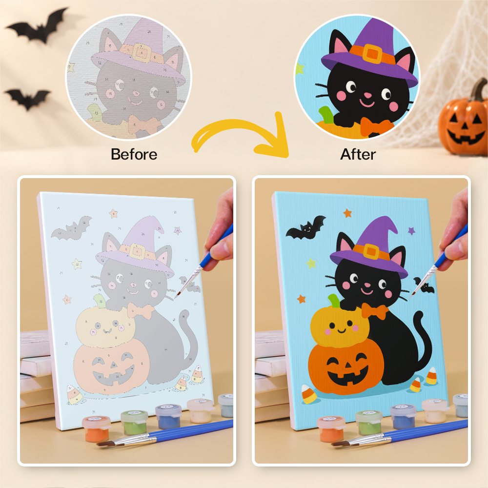 Before and after of a Costume Cuties mini paint by numbers canvas