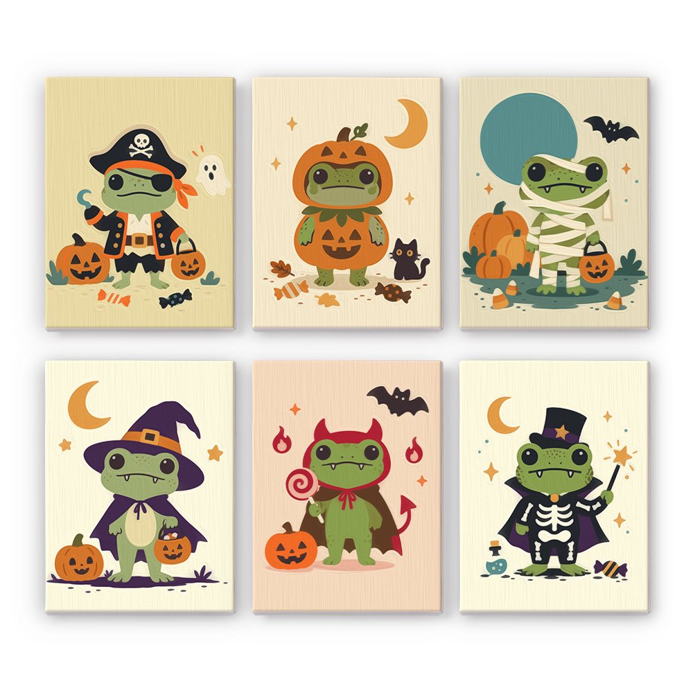 Costumed Frog Friends mini paint by numbers set: six cute frogs in Halloween costumes, including a pirate, pumpkin, mummy, witch, devil and skeleton