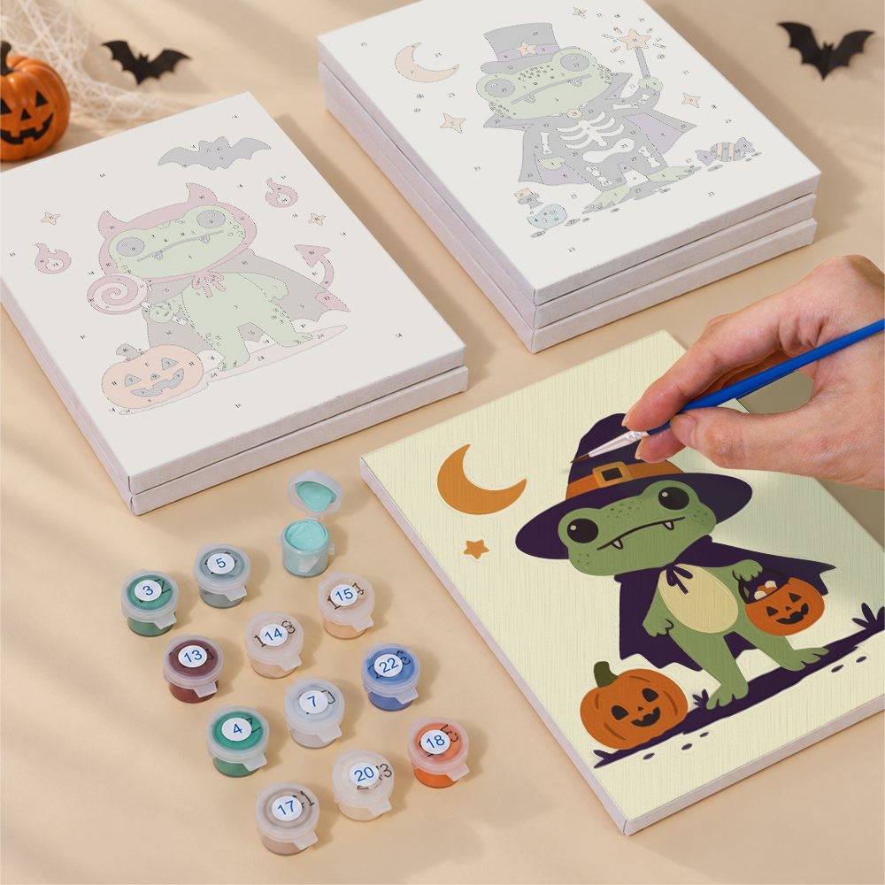 Costumed Frog Friends mini canvas shown rolled without a frame and pre-stretched on a frame