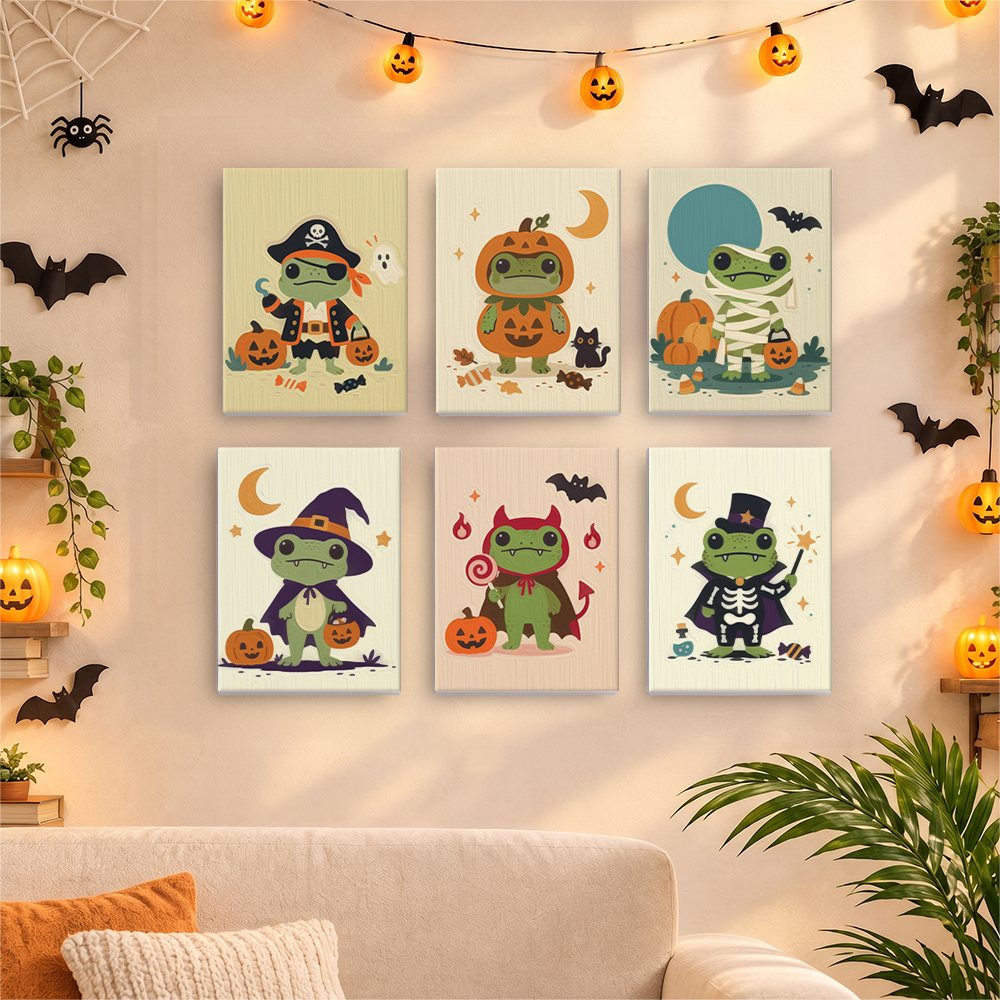 Before and after of a Costumed Frog Friends mini paint by numbers canvas