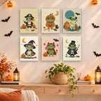 Painting a Costumed Frog Friends mini canvas propped up beside numbered acrylic paints