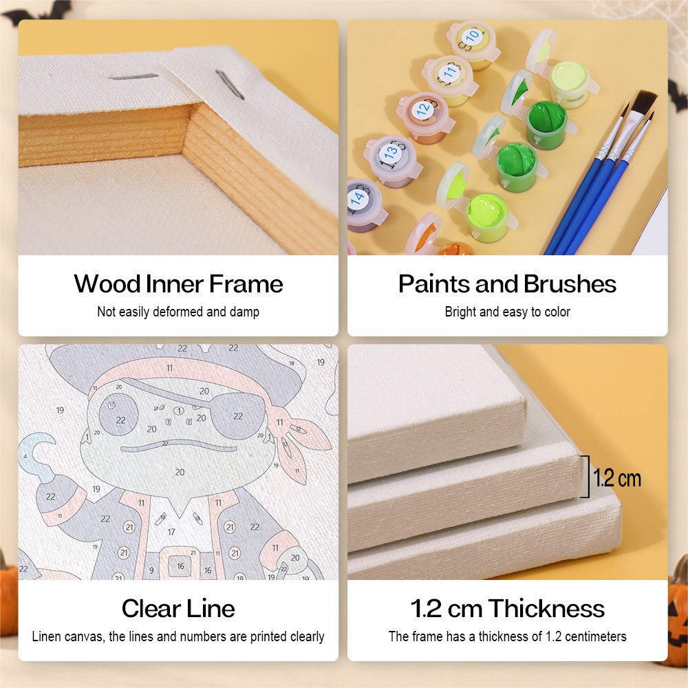 Costumed Frog Friends mini paint by numbers kit with six numbered canvases, acrylic paints, brushes and layout
