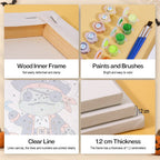 Costumed Frog Friends mini paint by numbers kit with six numbered canvases, acrylic paints, brushes and layout