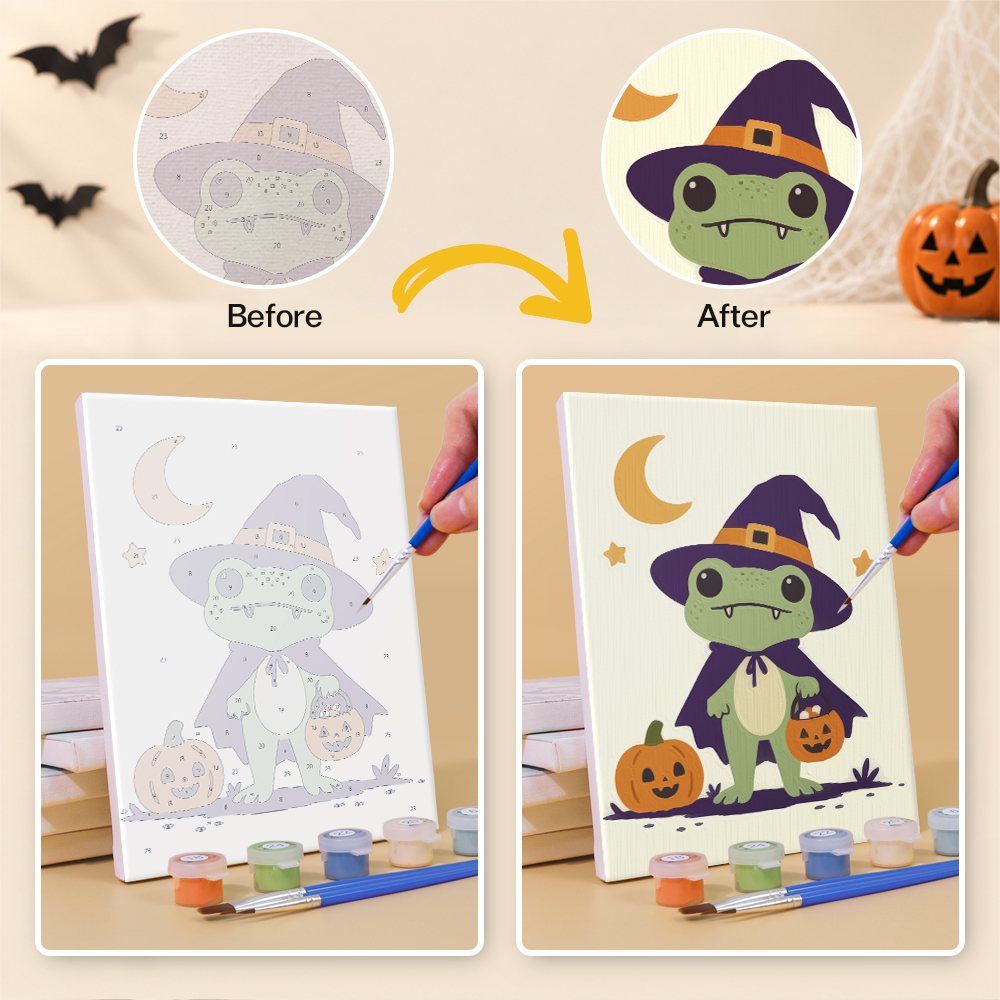 What's included without a frame: six rolled Costumed Frog Friends mini canvases, acrylic paints, three brushes and layout
