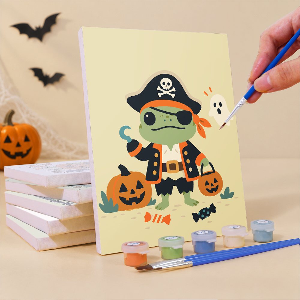 What's included pre-stretched on frame: six framed Costumed Frog Friends mini canvases, paints, three brushes, hangers and layout