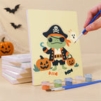 What's included pre-stretched on frame: six framed Costumed Frog Friends mini canvases, paints, three brushes, hangers and layout