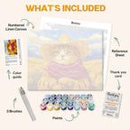 What's included in the Cowboy Cat paint by numbers kit: numbered linen canvas, reference sheet, color guide, 24 acrylic paints, 3 brushes and thank you card