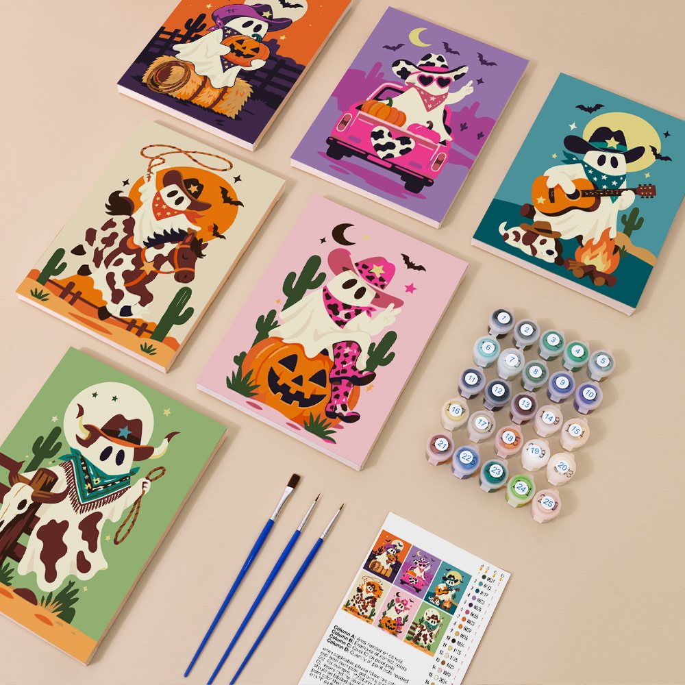 Cowboy Ghost Ranch mini paint by numbers kit with six numbered canvases, acrylic paints, brushes and layout