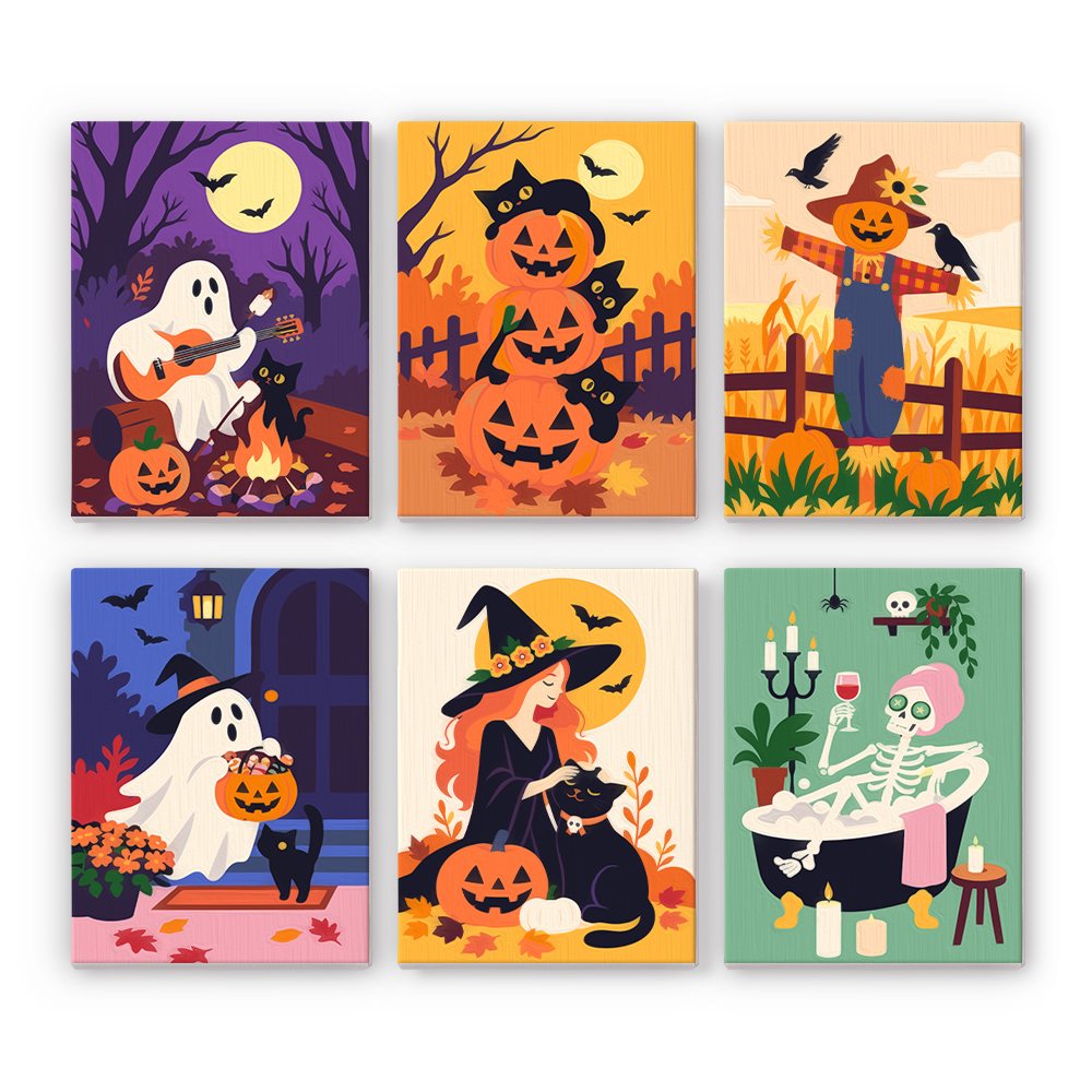 Cozy Autumn Spooks mini paint by numbers set: six cozy autumn Halloween scenes with a campfire ghost, black cats in pumpkins, a scarecrow, a witch and a skeleton
